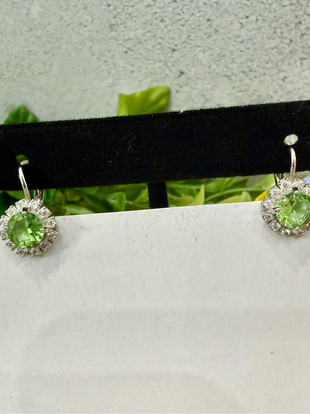 Silver-Tone Green CZ with cz Halo Drop Earrings